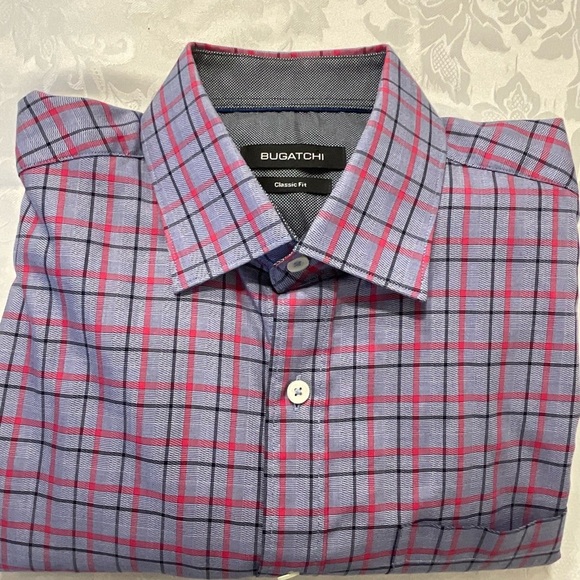 Bugatchi Mens Button Down Shirt Grey Red Black Plaid Long Sleeve Size Medium - Picture 1 of 8